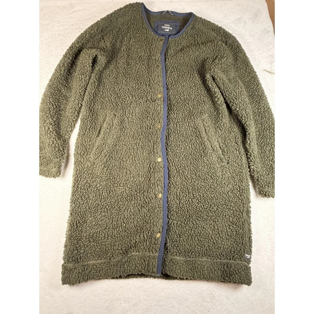 Toad&Co Coat Womens Medium‎ Green Wool Fleece Long Snap Front Sherpa Cozy